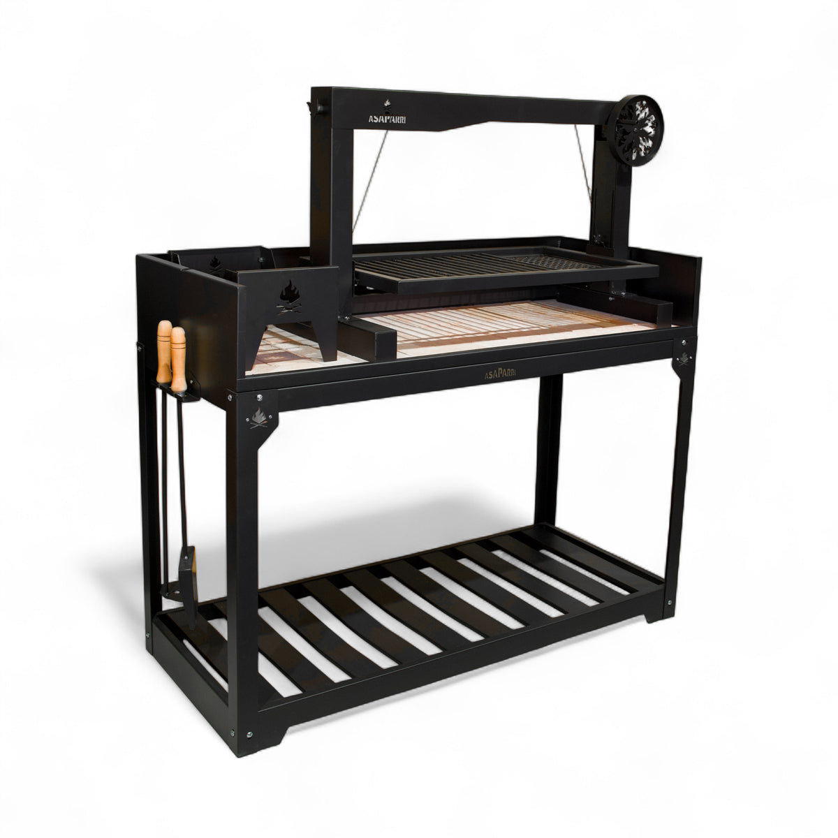 Asaparri Santa Maria 100 Grill + Base with adjustable cooking grate, side wheel, lower shelf and fire tools.