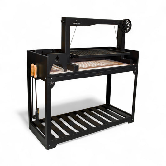 Asaparri Santa Maria 100 Grill + Base with adjustable cooking grate, side wheel, lower shelf and fire tools.